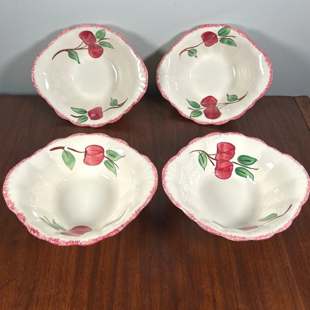Blue Ridge Southern Potteries Red Apple Scalloped Bowls Hand Painted Set of 4